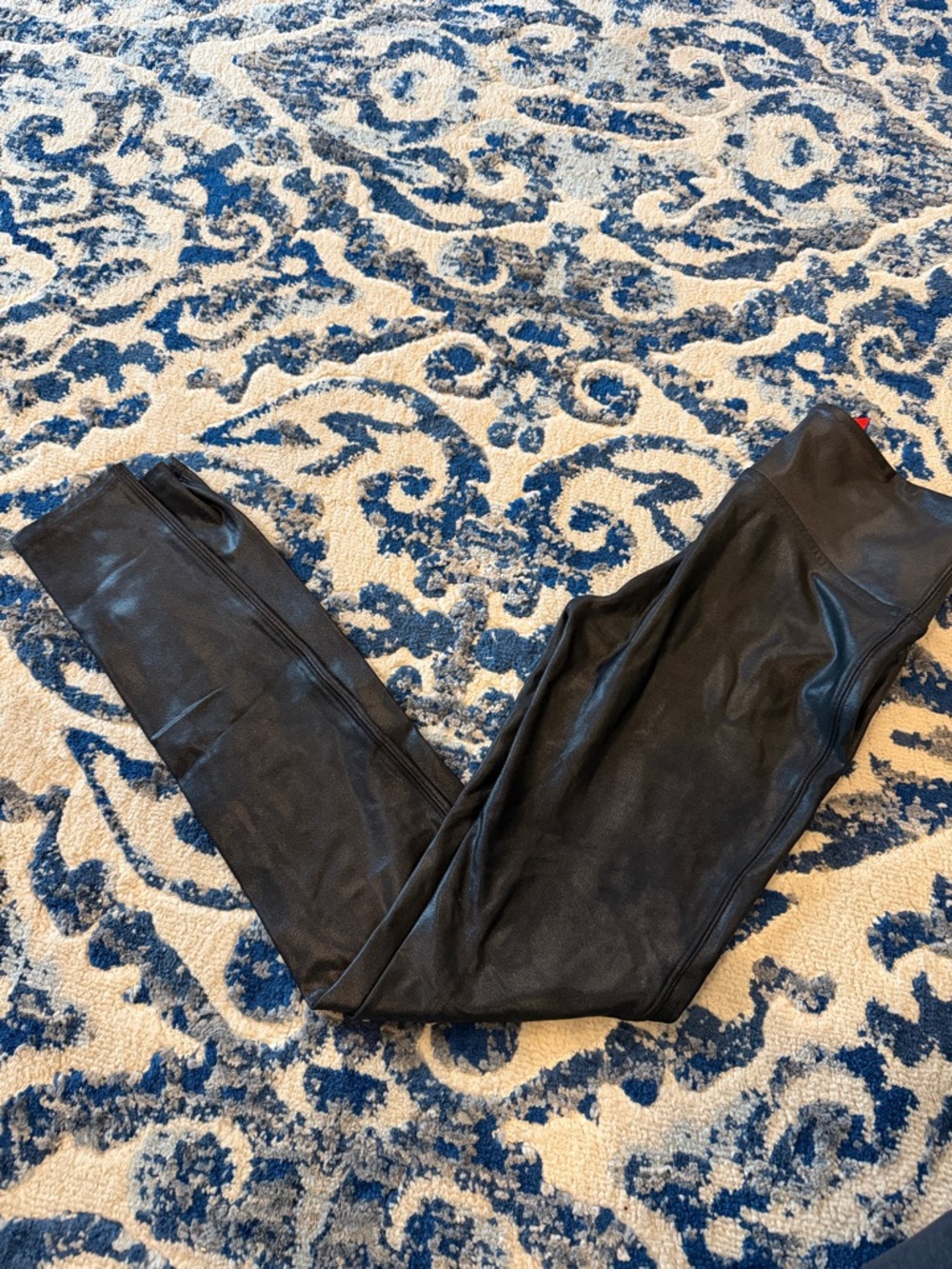 SPANX Black Faux Leather Leggings with Red Brand Tag